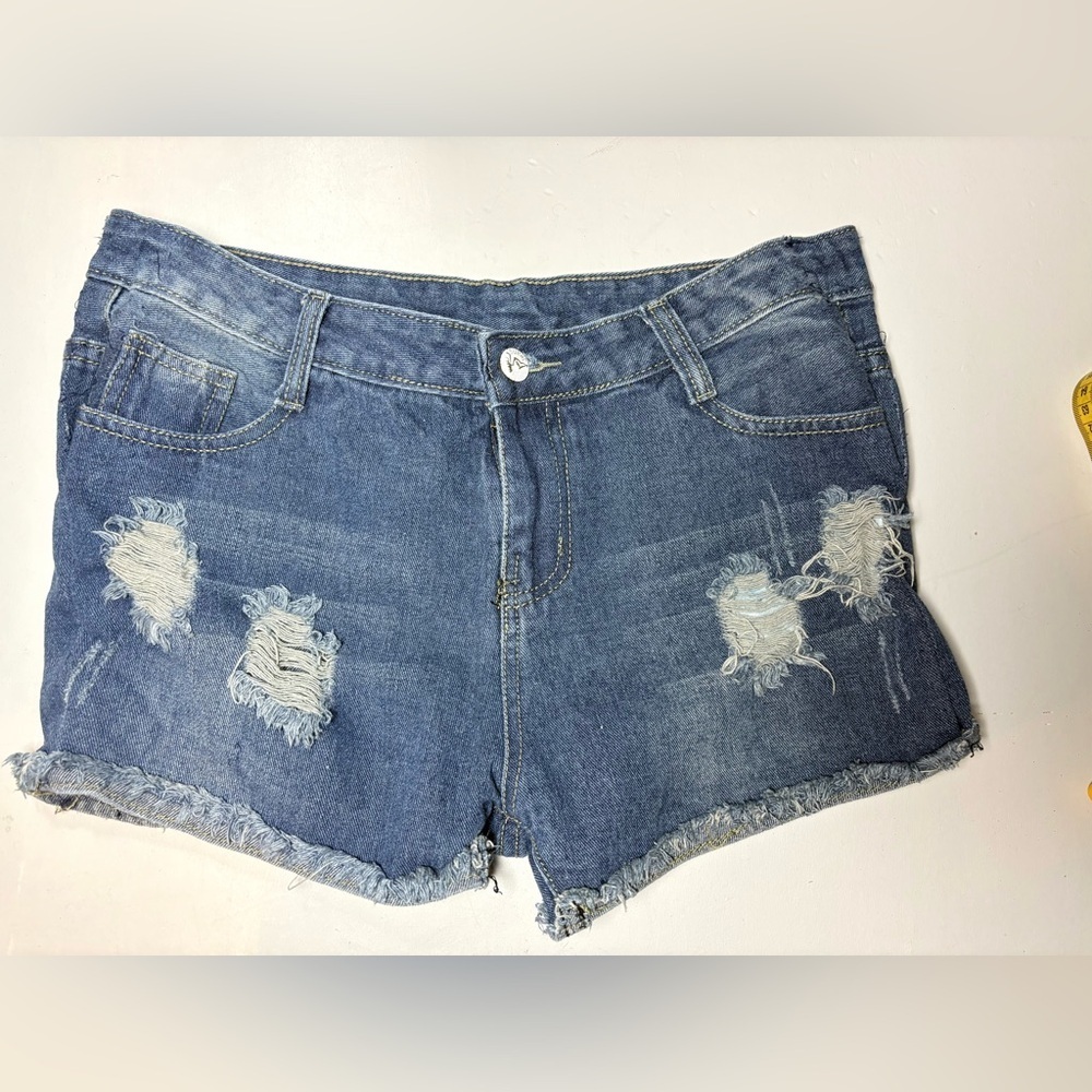 High-Rise Distressed Denim Shorts - Blue